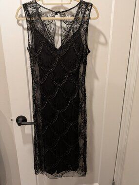 French Connection Black Beaded Sequin Mesh Art Deco Flapper Midi Dress Size S